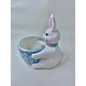 Bunny Rabbit Basket Planter Candy Trinket Dish 5 1/2" Vintage Avon Ceramic 1999